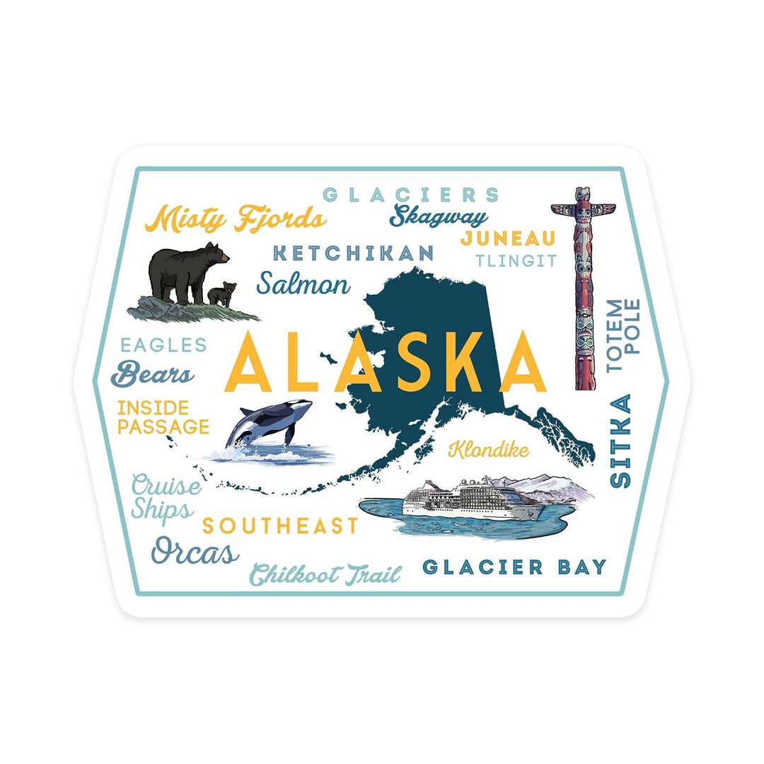 Alaska, Typography and Icons, Contour, Vinyl Sticker Sticker Lantern Press