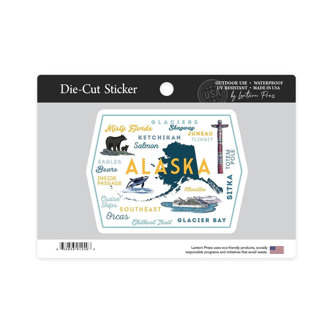 Alaska, Typography and Icons, Contour, Vinyl Sticker Sticker Lantern Press