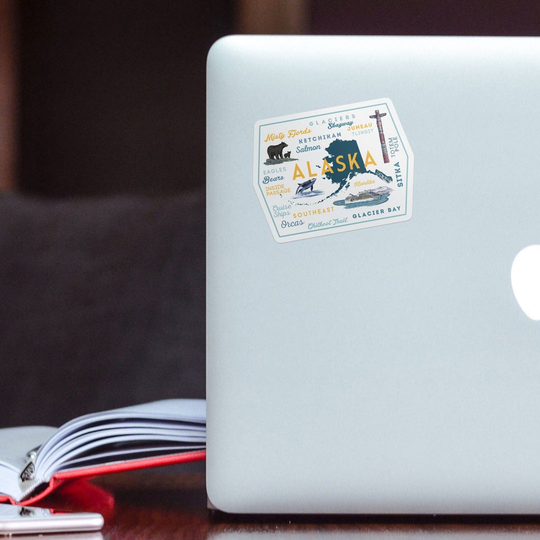 Alaska, Typography and Icons, Contour, Vinyl Sticker Sticker Lantern Press