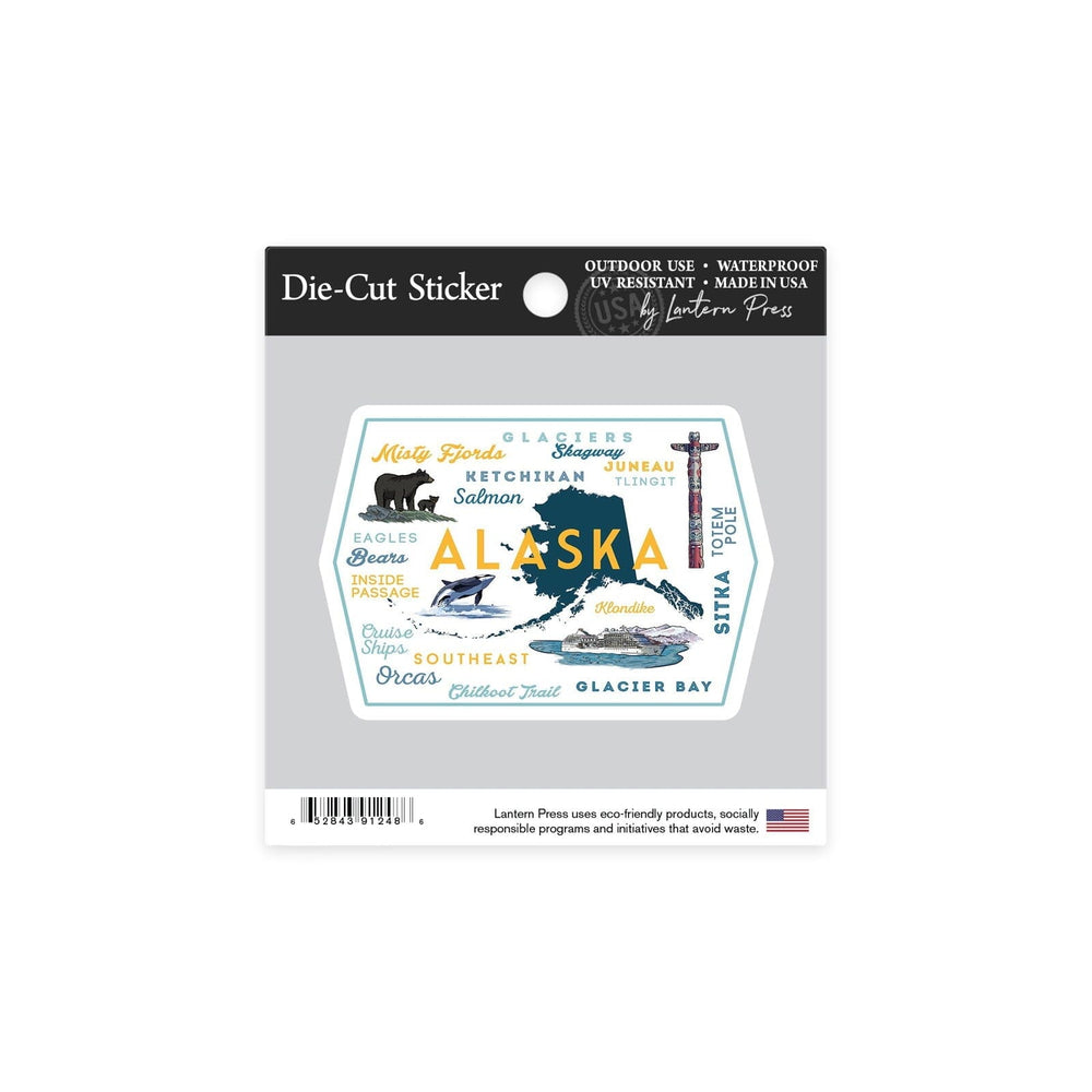 Alaska, Typography and Icons, Contour, Vinyl Sticker Sticker Lantern Press