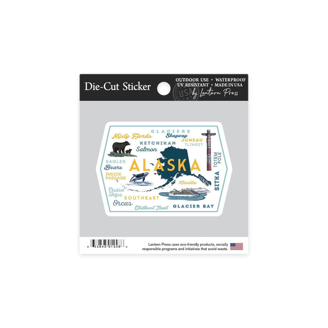 Alaska, Typography and Icons, Contour, Vinyl Sticker Sticker Lantern Press