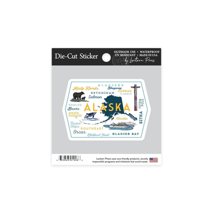 Alaska, Typography and Icons, Contour, Vinyl Sticker Sticker Lantern Press