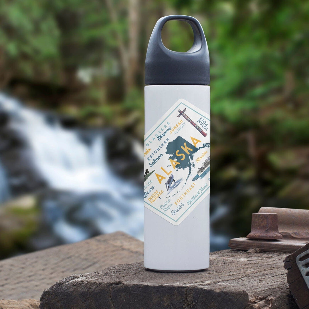 Alaska, Typography and Icons, Contour, Vinyl Sticker Sticker Lantern Press