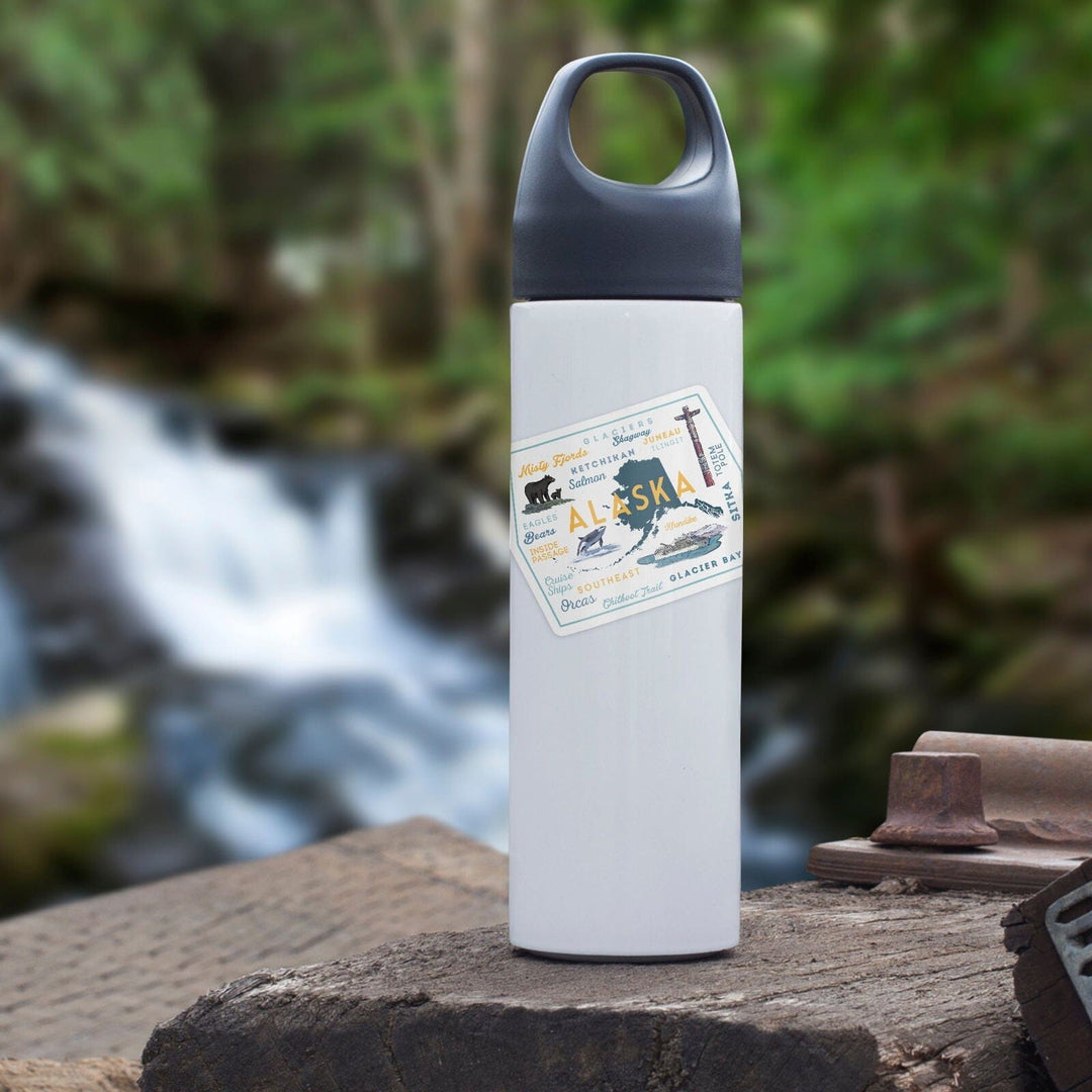 Alaska, Typography and Icons, Contour, Vinyl Sticker Sticker Lantern Press