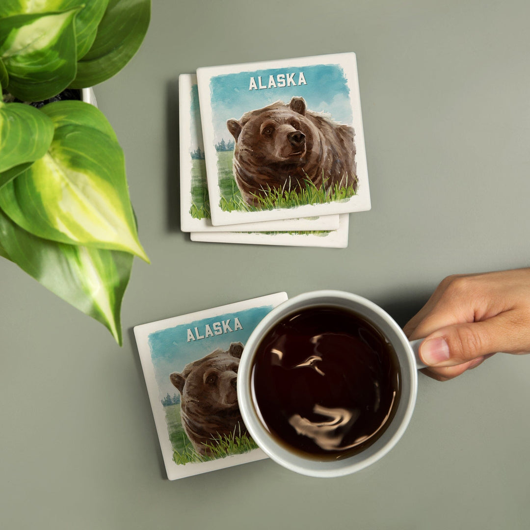 Alaska, Watercolor Study, Grizzly Bear, Coasters Coasters Lantern Press