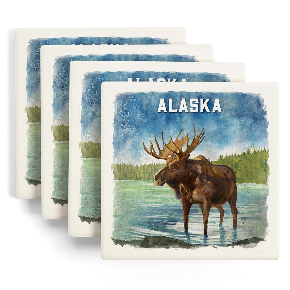 Alaska, Watercolor Study, Moose, Coasters Coasters Lantern Press