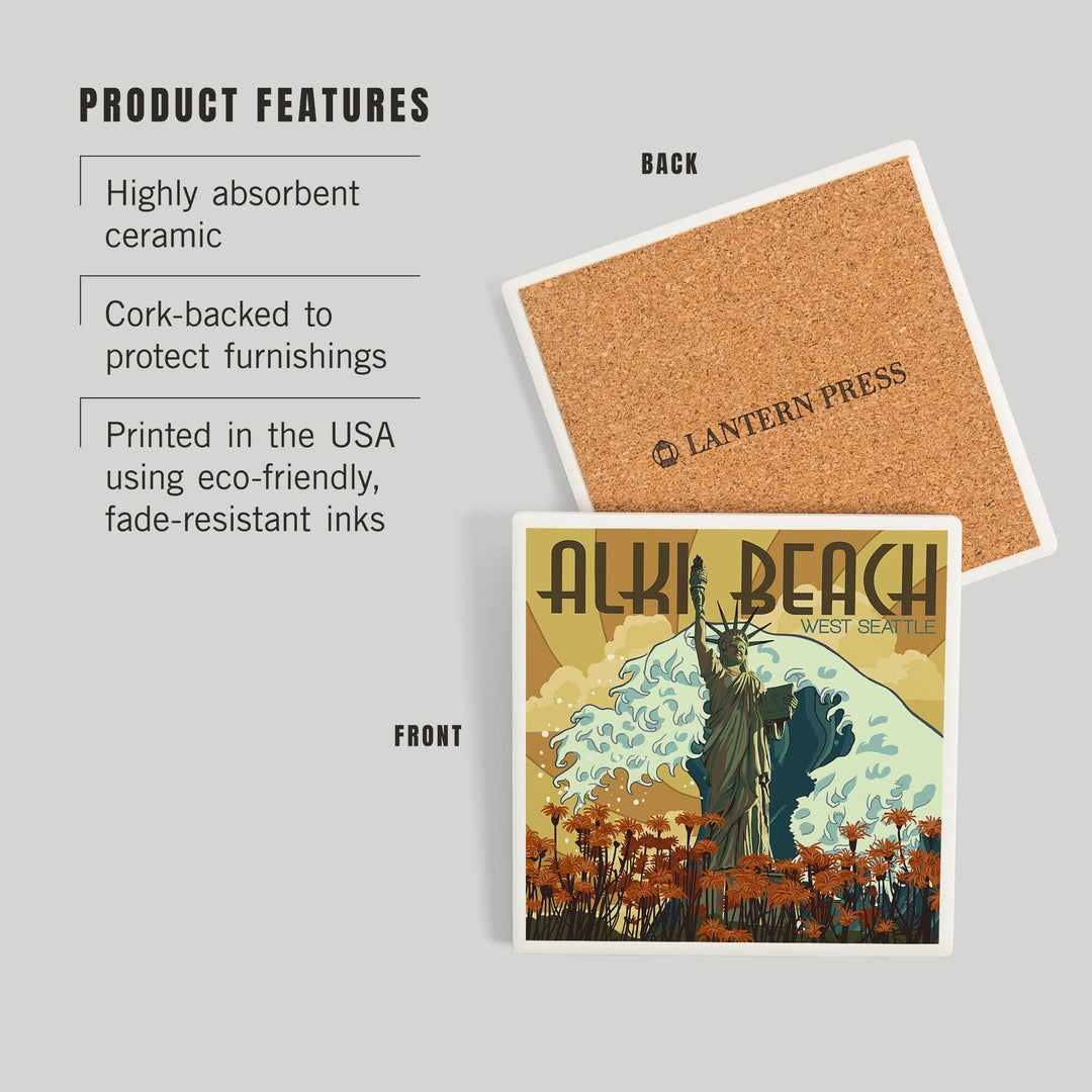 Alki Beach, West Seattle, Washington, Lady Liberty Statue, Coasters Coasters Lantern Press
