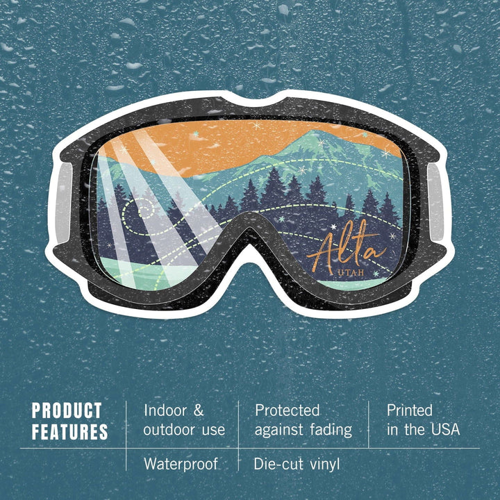 Alta, Utah, Ski Goggles, Contour, Lantern Press Artwork, Vinyl Sticker Sticker Lantern Press