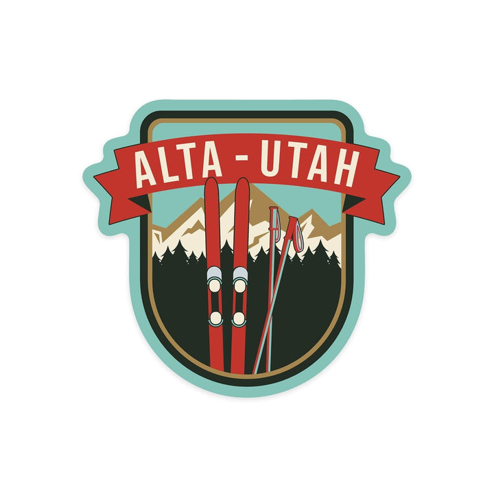 Alta, Utah, Skis and Mountains, Contour, Lantern Press Artwork, Vinyl Sticker Sticker Lantern Press