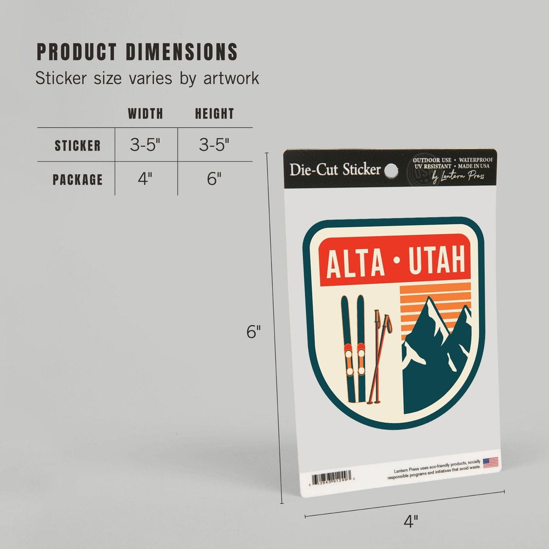 Alta, Utah, Skis & Mountains, Contour, Lantern Press Artwork, Vinyl Sticker Sticker Lantern Press