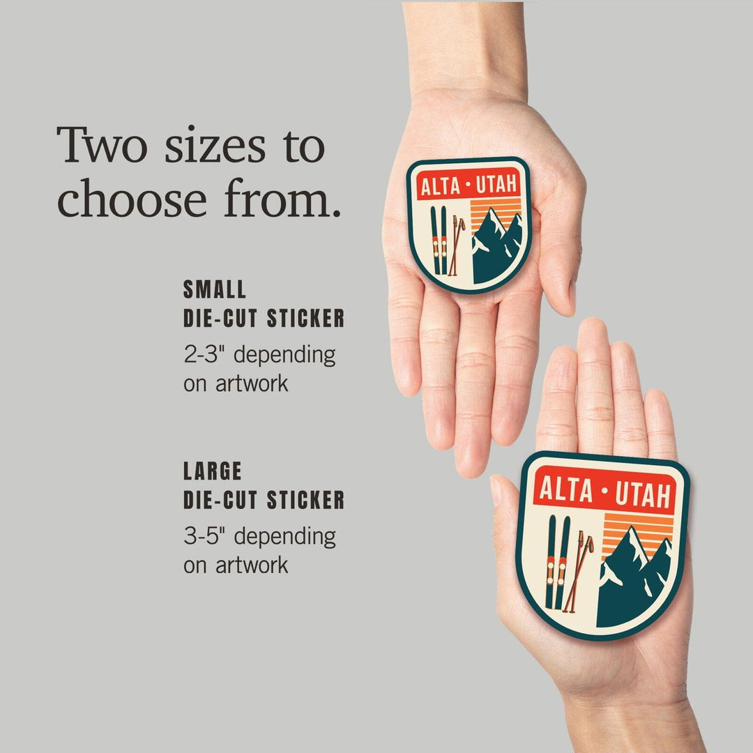 Alta, Utah, Skis & Mountains, Contour, Lantern Press Artwork, Vinyl Sticker Sticker Lantern Press