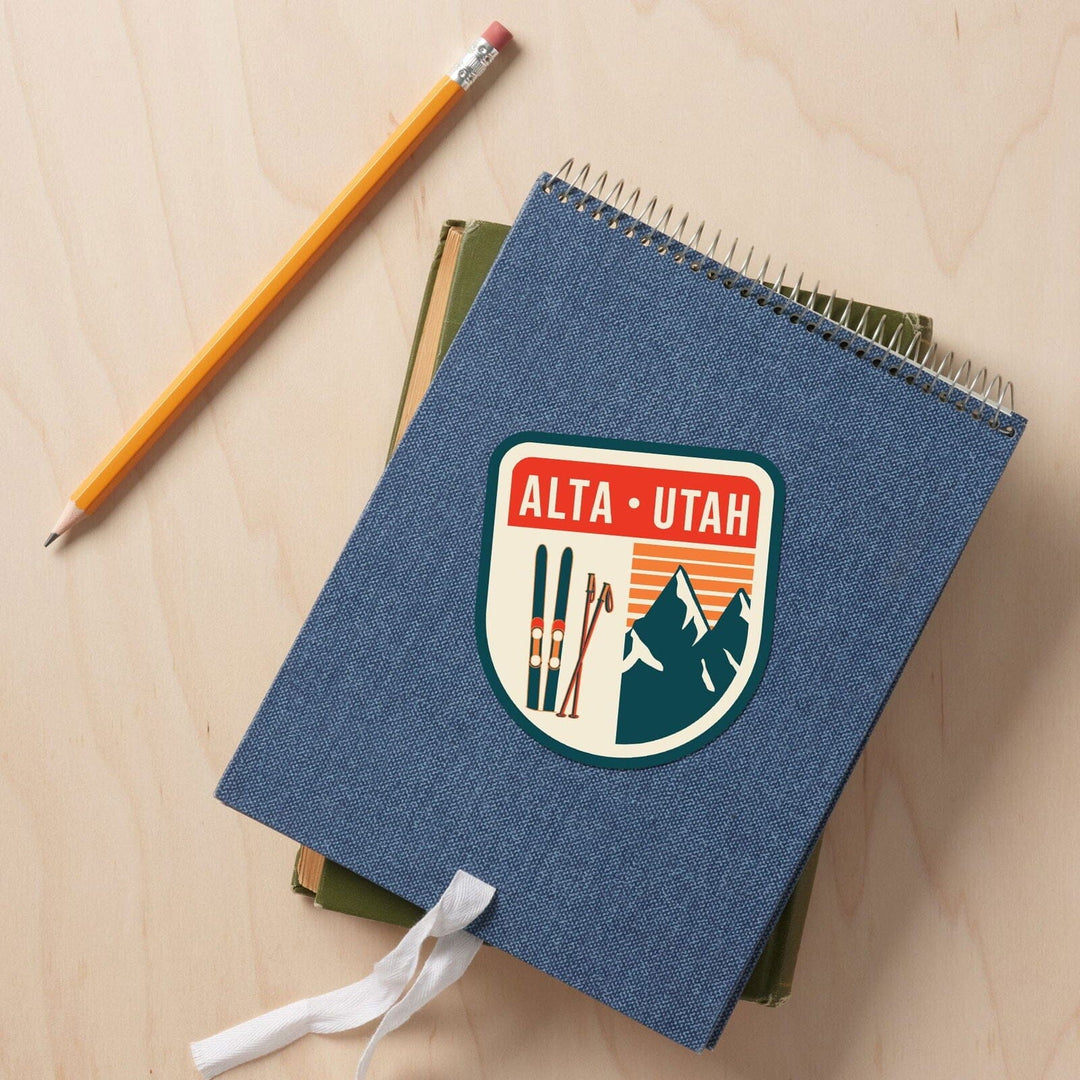Alta, Utah, Skis & Mountains, Contour, Lantern Press Artwork, Vinyl Sticker Sticker Lantern Press