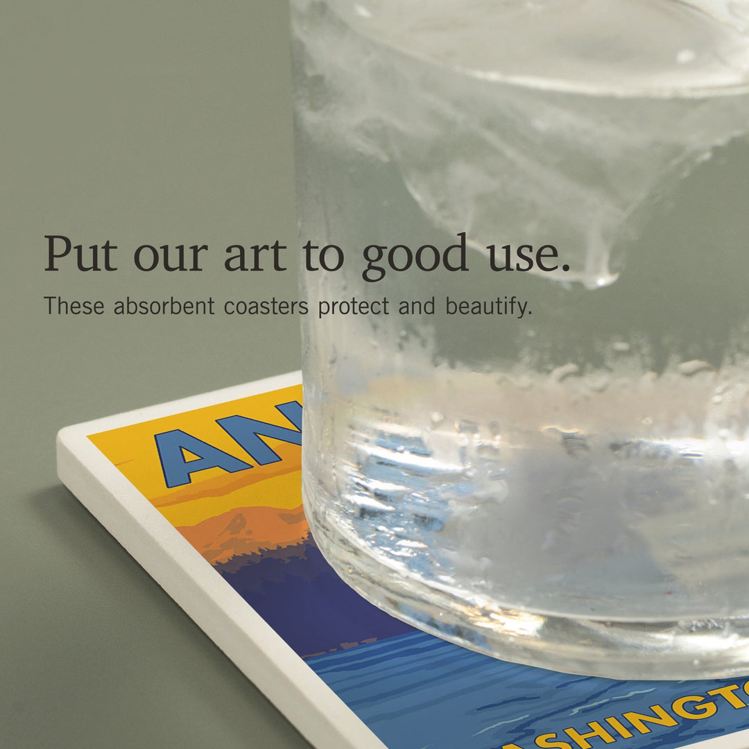 Anacortes, Washington, Ferry and Mountains, Coasters Coasters Lantern Press