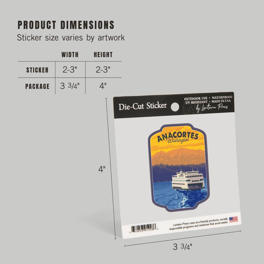 Anacortes, Washington, Ferry and Mountains, Contour, Lantern Press Artwork, Vinyl Sticker Sticker Lantern Press