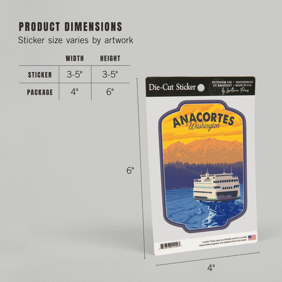 Anacortes, Washington, Ferry and Mountains, Contour, Lantern Press Artwork, Vinyl Sticker Sticker Lantern Press
