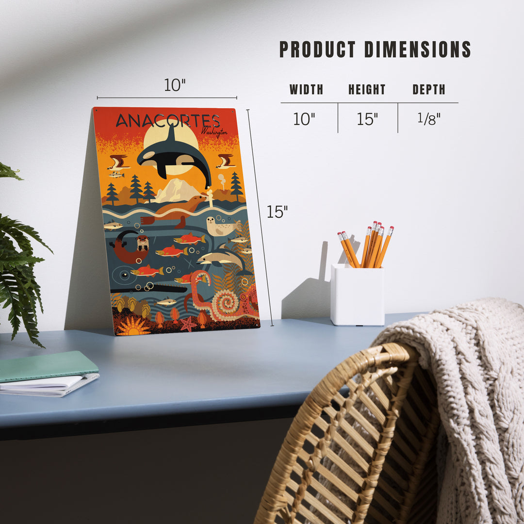 Anacortes, Washington, Geometric, Marine Animals, Wood Signs and Postcards Wood Lantern Press