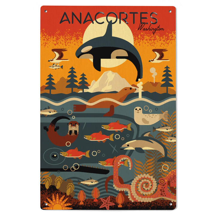 Anacortes, Washington, Geometric, Marine Animals, Wood Signs and Postcards Wood Lantern Press