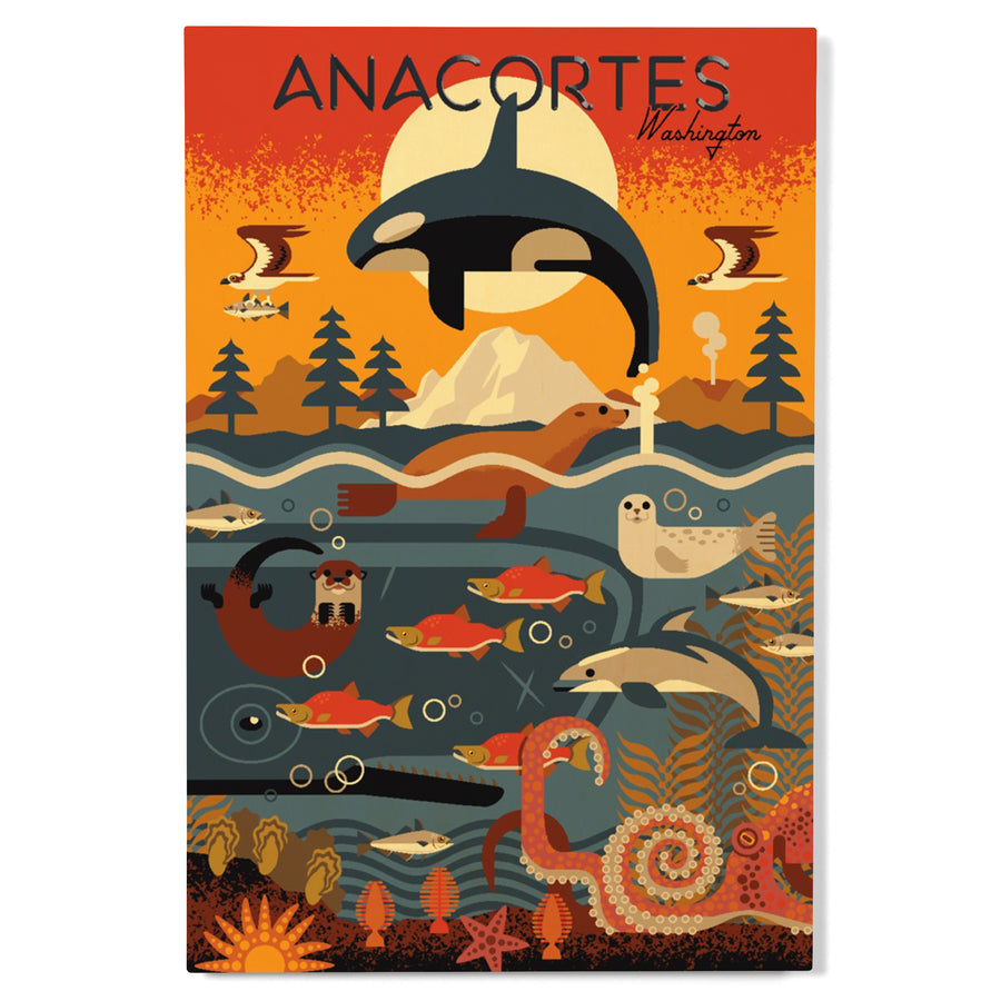 Anacortes, Washington, Geometric, Marine Animals, Wood Signs and Postcards Wood Lantern Press