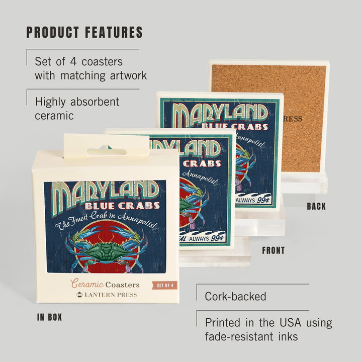 Annapolis, Maryland Blue Crabs Vintage Sign, Coasters Coasters Lantern Press
