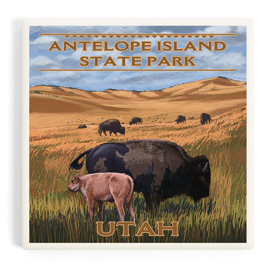 Antelope Island State Park, Utah, Bison and Calf Grazing, Coasters Coasters Lantern Press