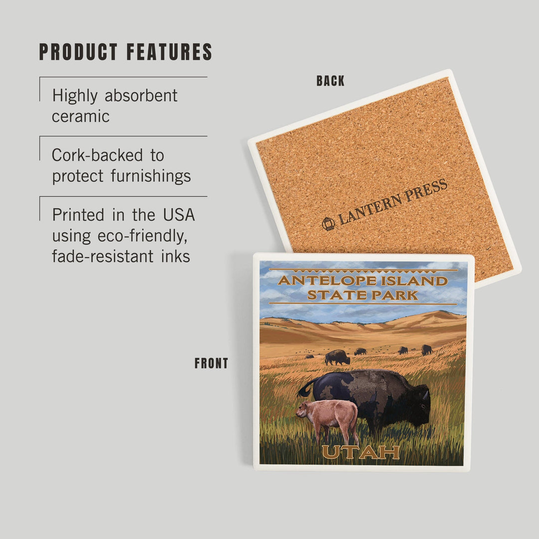 Antelope Island State Park, Utah, Bison and Calf Grazing, Coasters Coasters Lantern Press