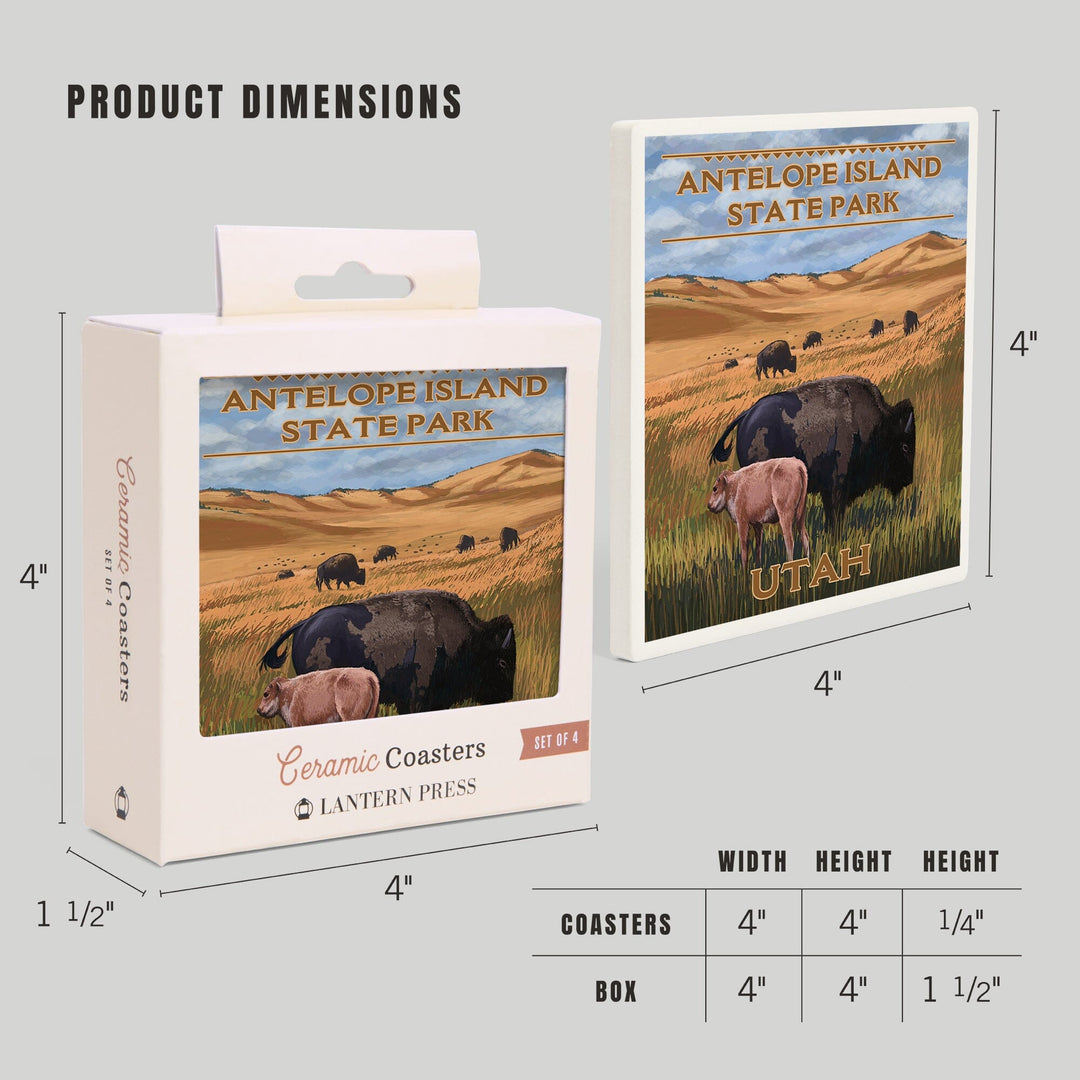 Antelope Island State Park, Utah, Bison and Calf Grazing, Coasters Coasters Lantern Press