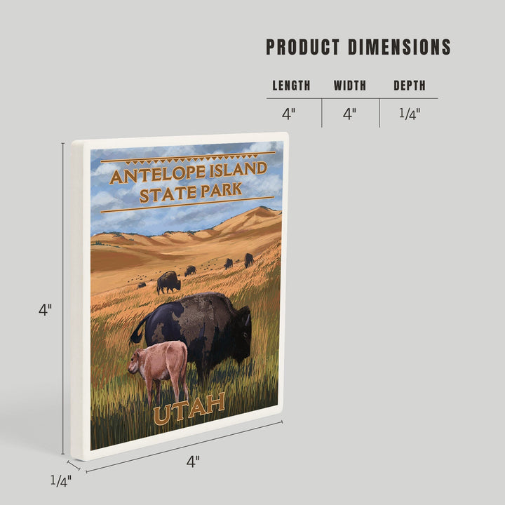 Antelope Island State Park, Utah, Bison and Calf Grazing, Coasters Coasters Lantern Press