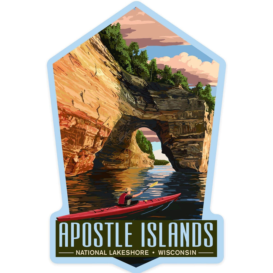 Apostle Islands National Lakeshore, Wisconsin, Kayaker, Contour, Lantern Press Artwork, Vinyl Sticker Sticker Lantern Press