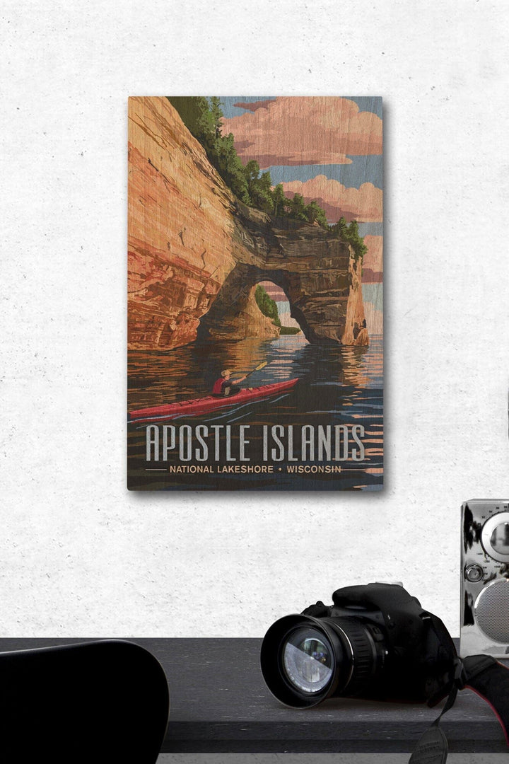 Apostle Islands National Lakeshore, Wisconsin, Kayaker, Lantern Press Artwork, Wood Signs and Postcards Wood Lantern Press 12 x 18 Wood Gallery Print