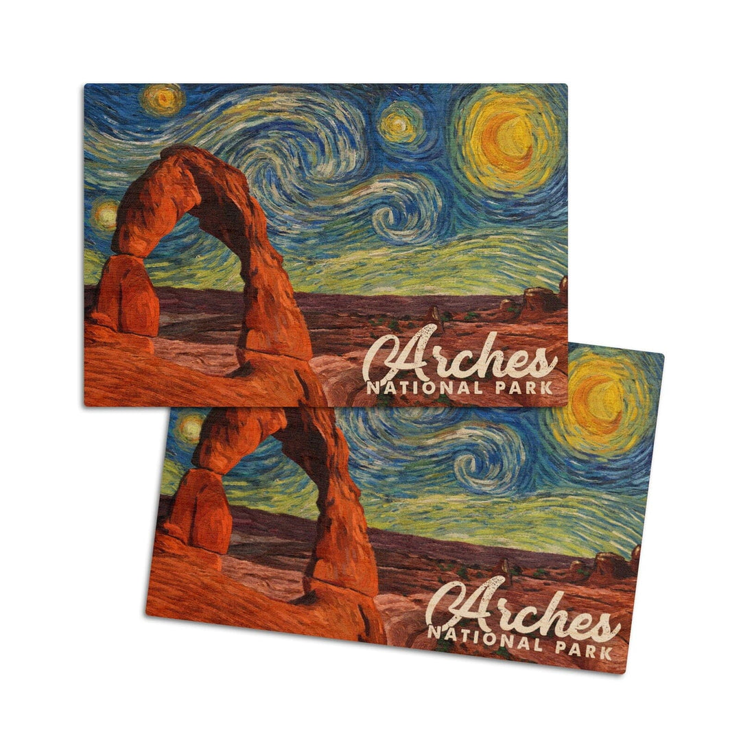 Arches National Park, Starry Night Series, Delicate Arch, Lantern Press Artwork, Wood Signs and Postcards Wood Lantern Press 4x6 Wood Postcard Set