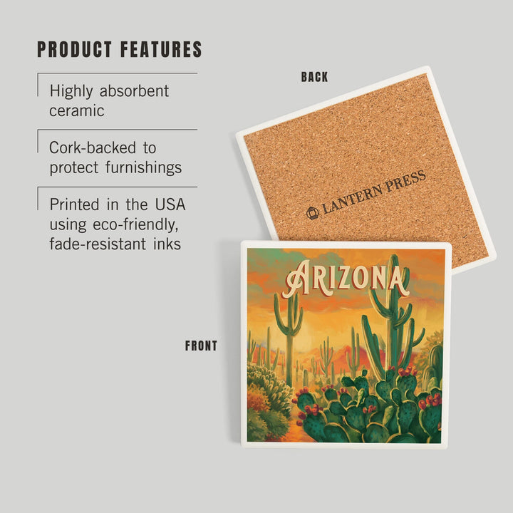 Arizona, Desert Cactus, Oil Painting, Coasters Coasters Lantern Press