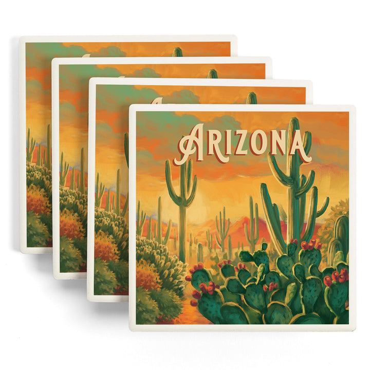 Arizona, Desert Cactus, Oil Painting, Coasters Coasters Lantern Press