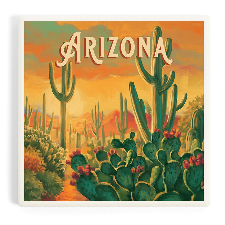 Arizona, Desert Cactus, Oil Painting, Coasters Coasters Lantern Press Coaster