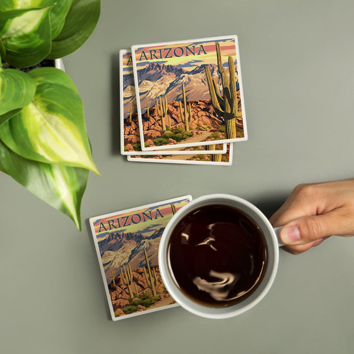 Arizona, Desert Cactus Trail Scene at Sunset, Coasters Coasters Lantern Press