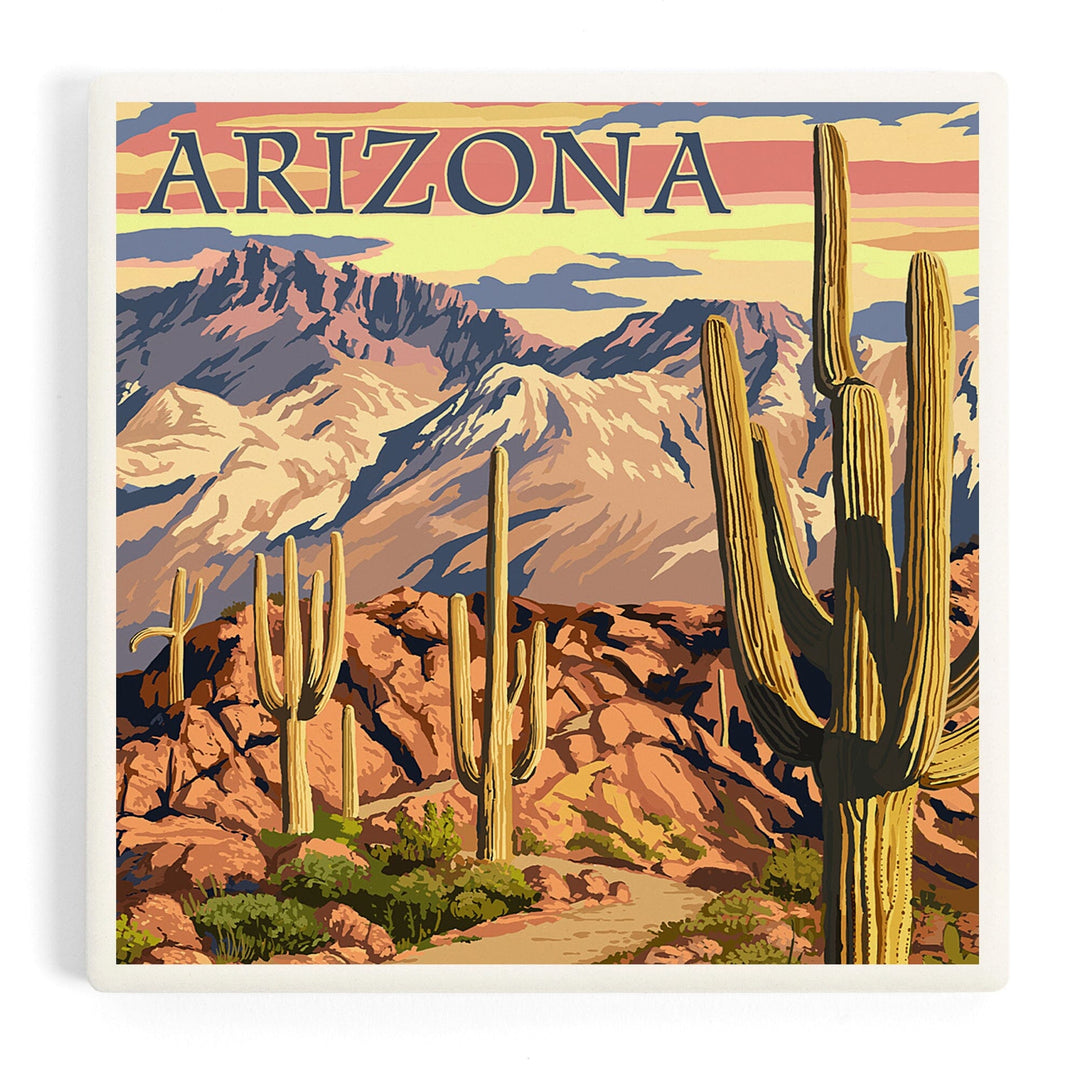 Arizona, Desert Cactus Trail Scene at Sunset, Coasters Coasters Lantern Press