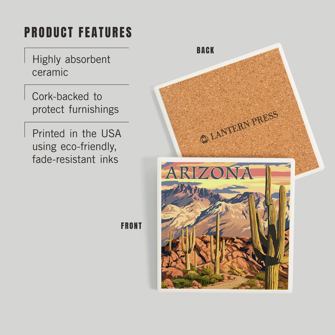 Arizona, Desert Cactus Trail Scene at Sunset, Coasters Coasters Lantern Press