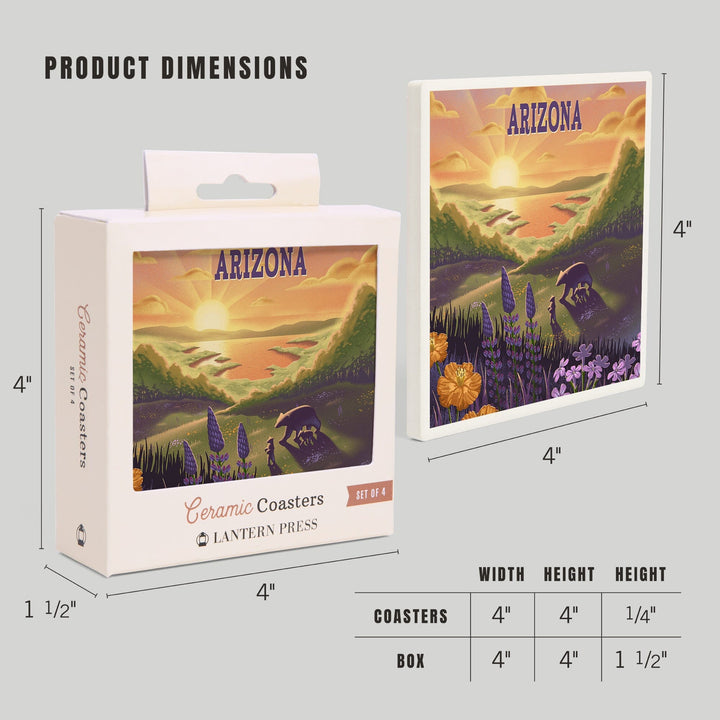 Arizona, Lithograph, Bear and Spring Flowers, Lake, Coasters Coasters Lantern Press