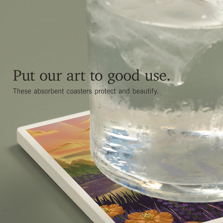 Arizona, Lithograph, Bear and Spring Flowers, Lake, Coasters Coasters Lantern Press