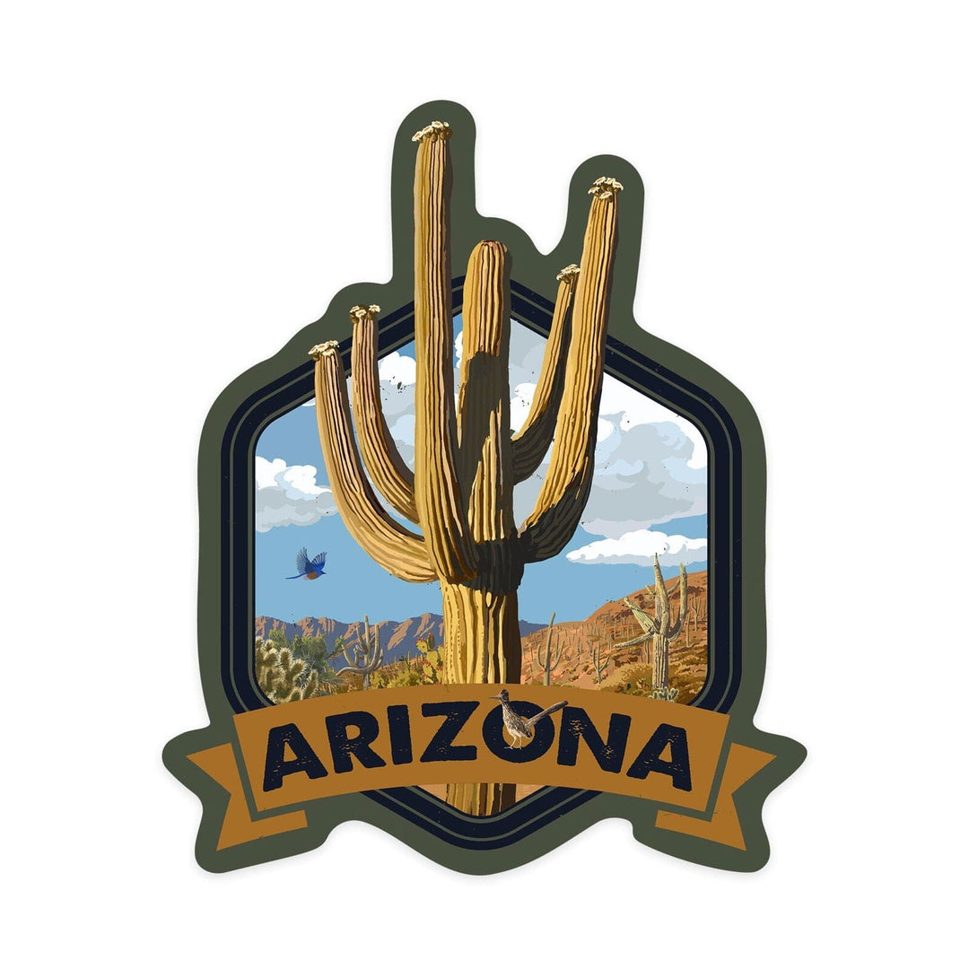 Arizona, Road Runner & Saguaro, Contour, Lantern Press Artwork, Vinyl Sticker Sticker Lantern Press