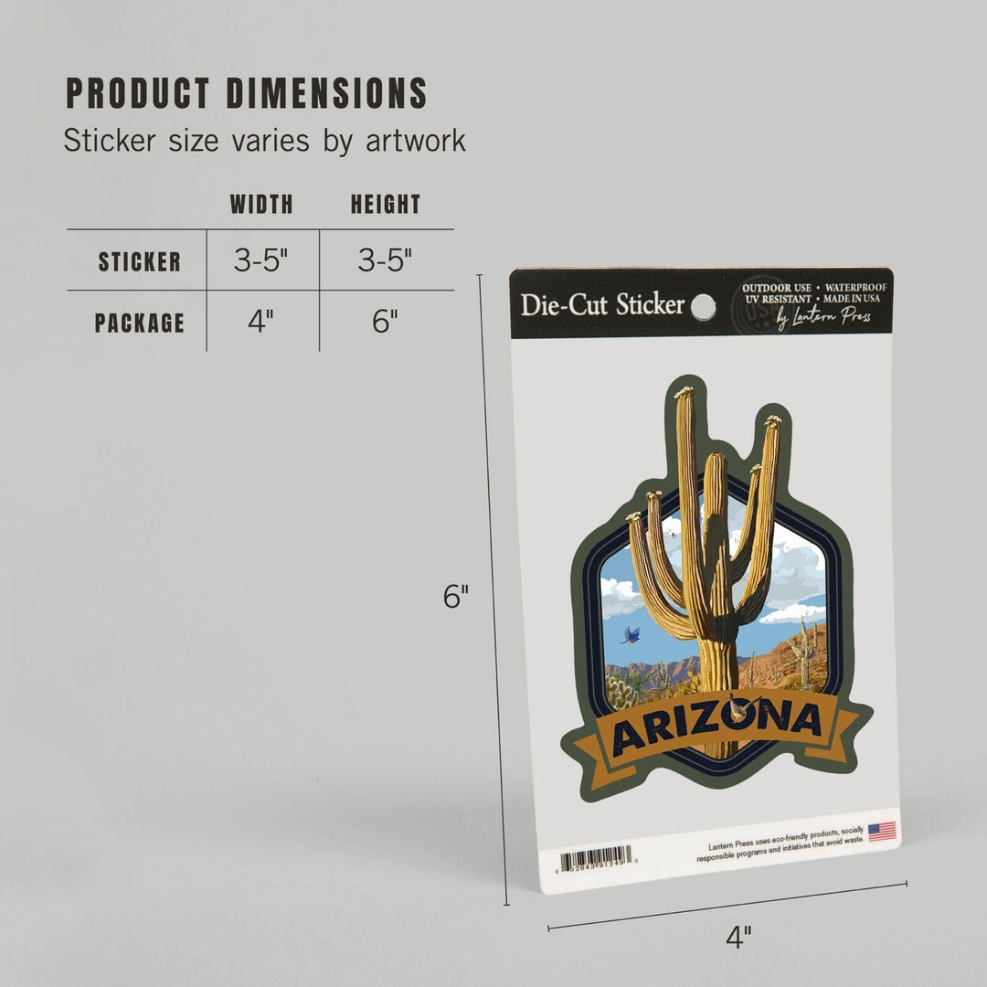 Arizona, Road Runner & Saguaro, Contour, Lantern Press Artwork, Vinyl Sticker Sticker Lantern Press