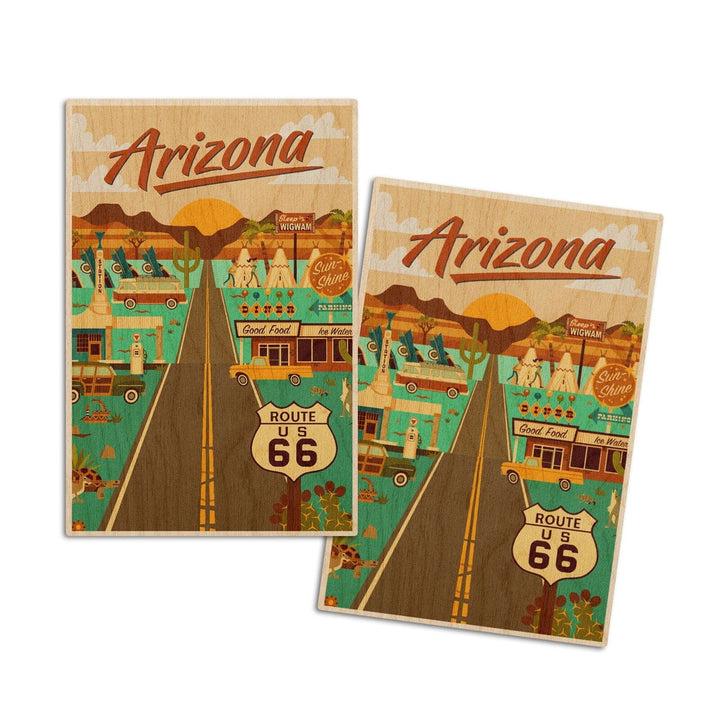 Arizona, Route 66, Geometric, Lantern Press Artwork, Wood Signs and Postcards Wood Lantern Press 4x6 Wood Postcard Set