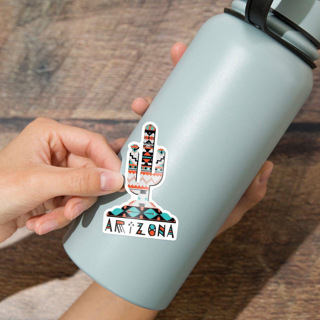 Arizona, Saguaro Cactus, Tribal Pattern, Contour, Lantern Press Artwork, Vinyl Sticker Sticker Lantern Press