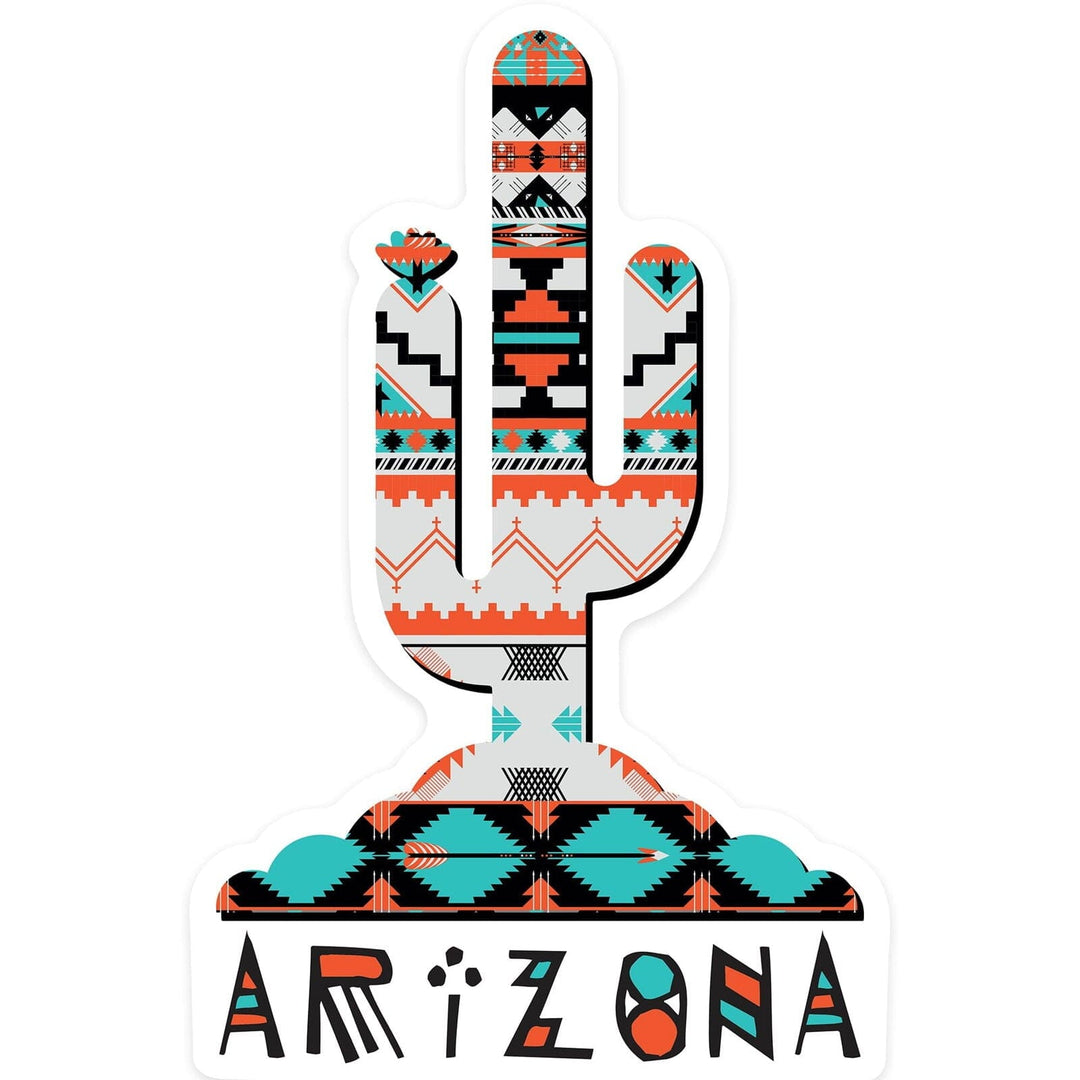 Arizona, Saguaro Cactus, Tribal Pattern, Contour, Lantern Press Artwork, Vinyl Sticker Sticker Lantern Press