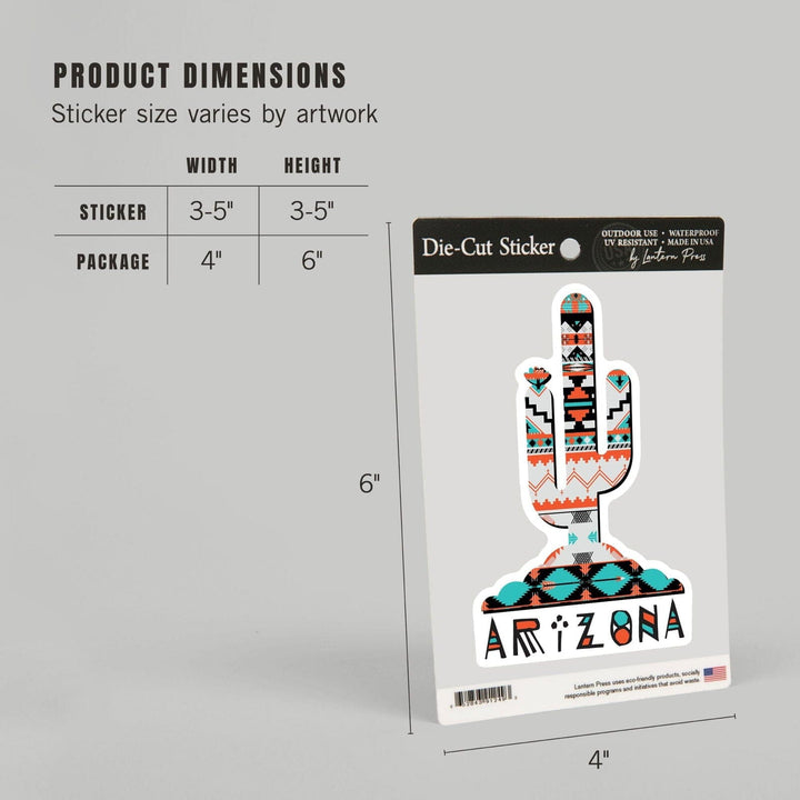 Arizona, Saguaro Cactus, Tribal Pattern, Contour, Lantern Press Artwork, Vinyl Sticker Sticker Lantern Press