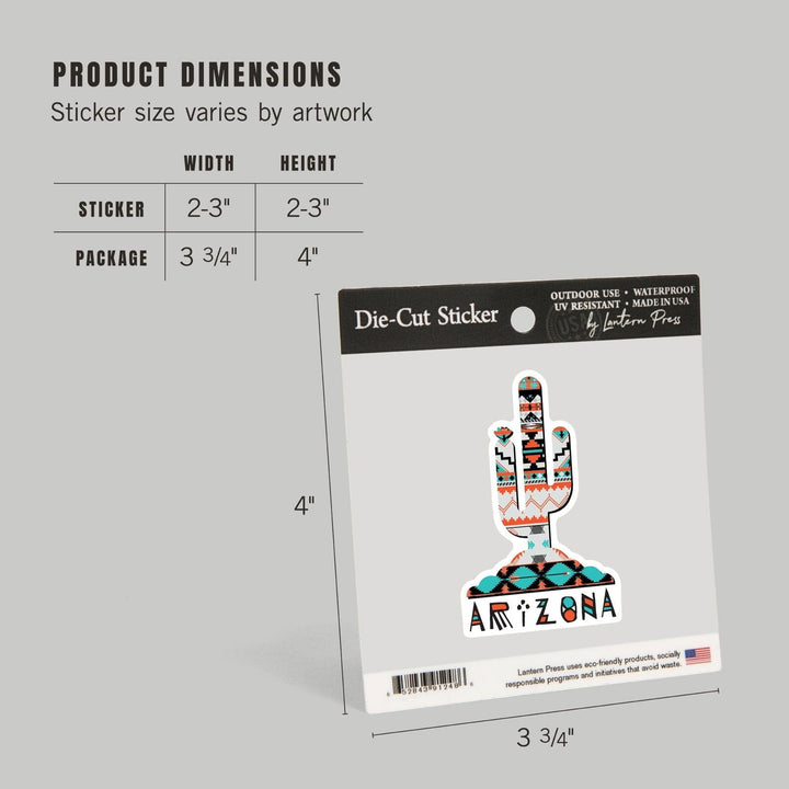 Arizona, Saguaro Cactus, Tribal Pattern, Contour, Lantern Press Artwork, Vinyl Sticker Sticker Lantern Press