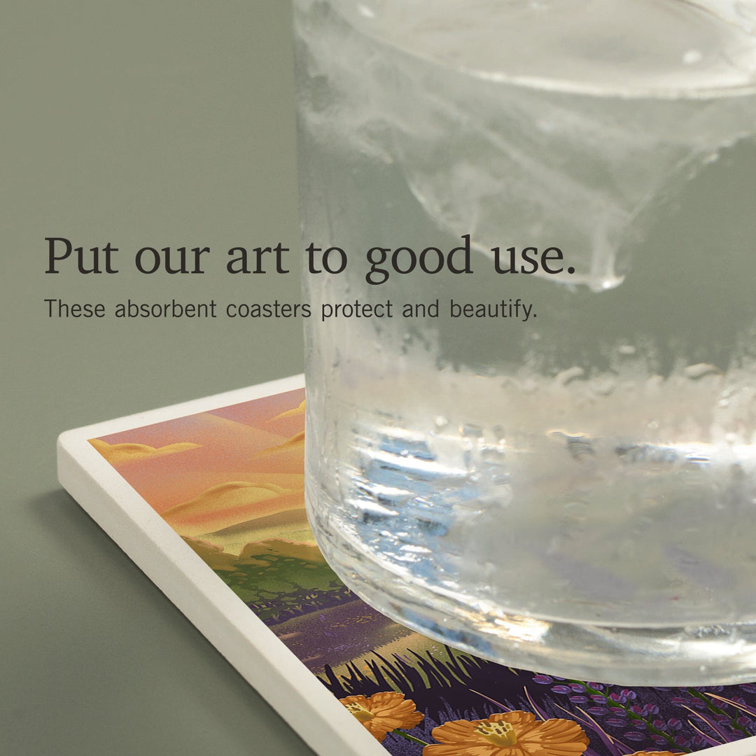 Arkansas, Lithograph, Bear and Spring Flowers, Lake, Coasters Coasters Lantern Press