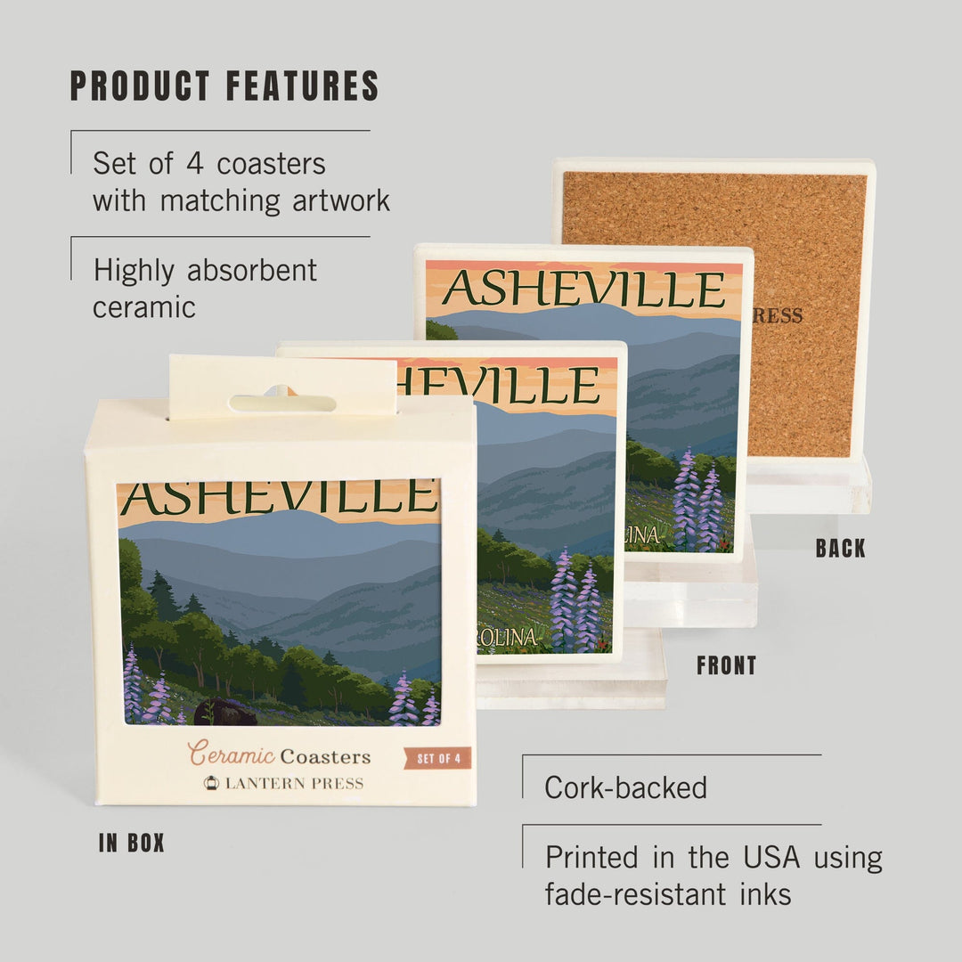 Asheville, North Carolina, Bear and Cubs with Flowers, Coasters Coasters Lantern Press