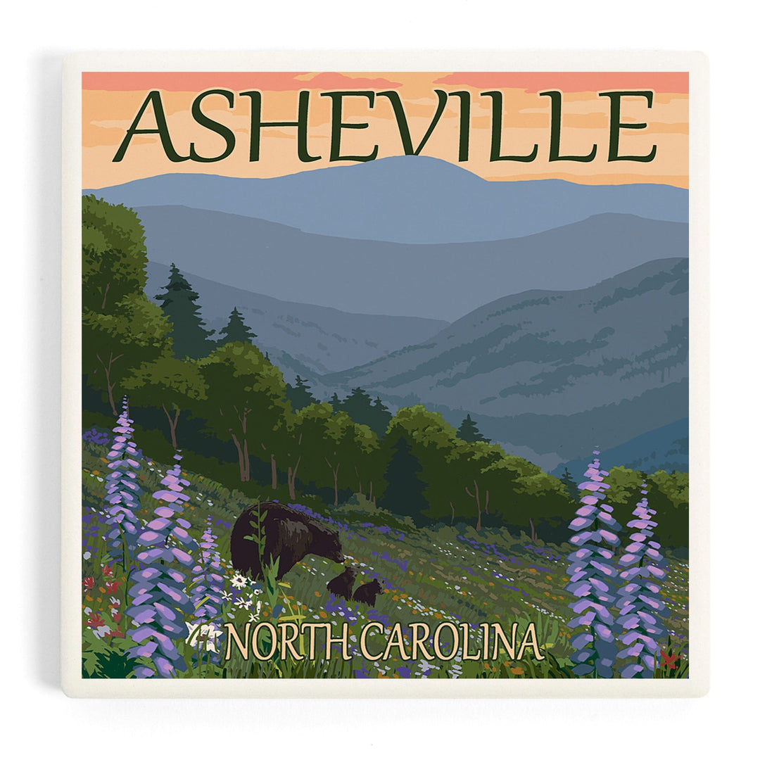 Asheville, North Carolina, Bear and Cubs with Flowers, Coasters Coasters Lantern Press