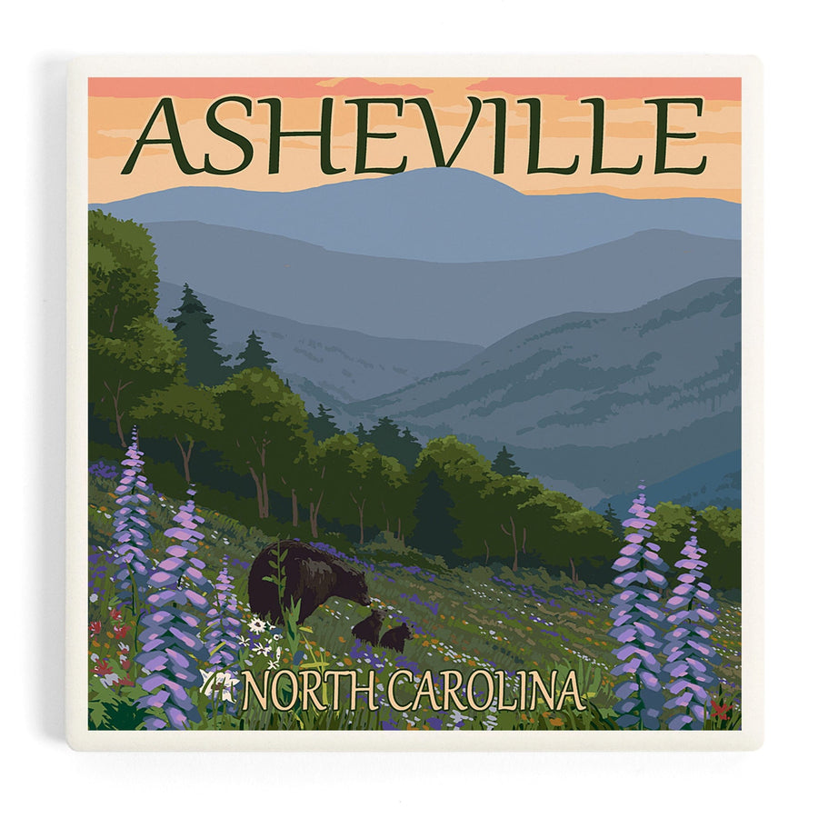 Asheville, North Carolina, Bear and Cubs with Flowers, Coasters Coasters Lantern Press