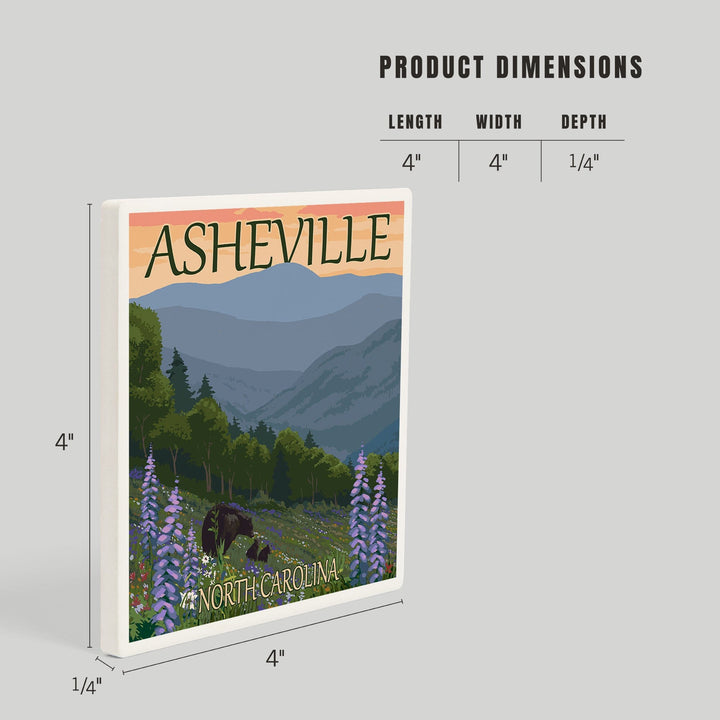 Asheville, North Carolina, Bear and Cubs with Flowers, Coasters Coasters Lantern Press